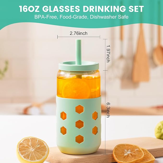 Mrsdry 16 oz Glass Cups with Lids and Straws