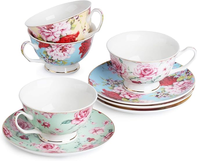 BTaT- Floral Tea Cups and Saucers Set of 4, 7 oz | Porcelain Tea Cup Set