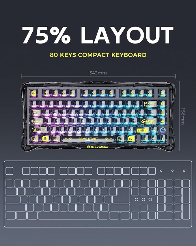 GravaStar Mercury K1 Lite 75% Gaming Keyboard, 2.4GHz/BT/Wired Tri-Mode