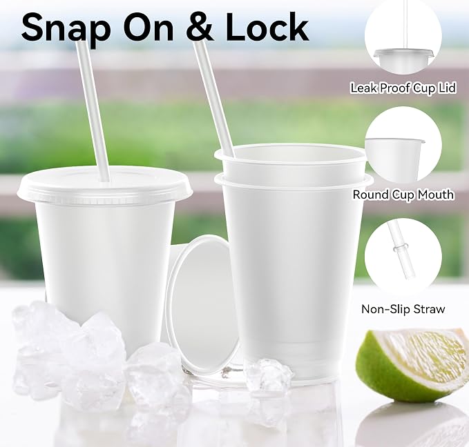 Reusable Translucent Plastic Cups - 16 oz Frosted Clear Cold Drink Tumbler -