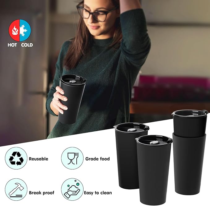 Greentainer 4 Pack Plastic Travel Coffee Mug Set, 20 oz Spill Proof Drinking