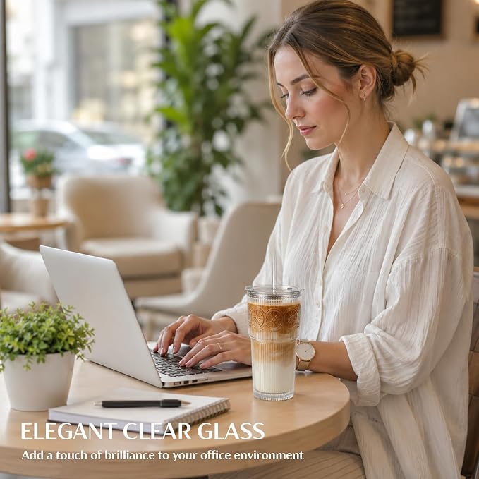 INSETLAN 20oz Ribbed & Floral Glass Tumblers