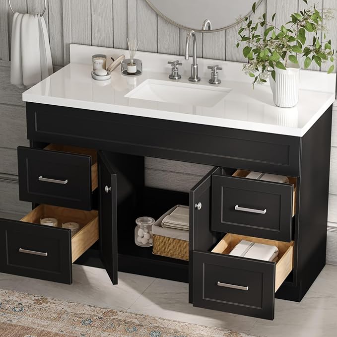 55" Black Bathroom Vanity 1.5" Edge Pure White Quartz Countertop