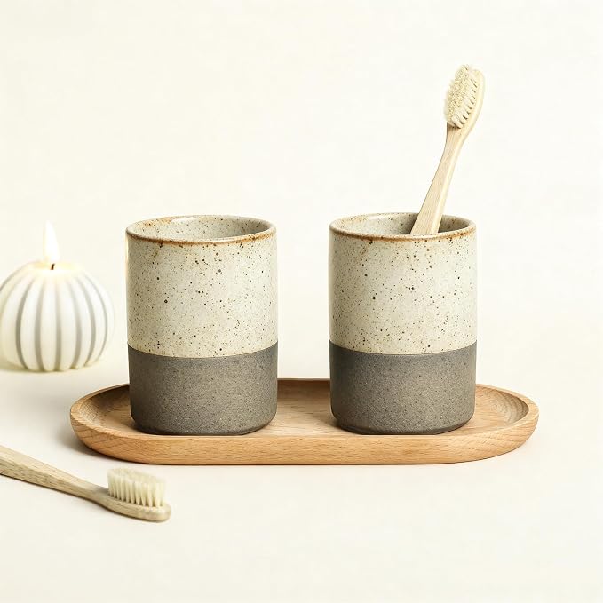 Gaolinci 2 Pcs Vintage Stoneware Style Ceramic Mouthwash Cups, Bathroom