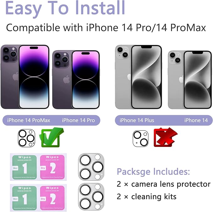 2 Pack Camera Lens Protector for iPhone 14 Pro/iPhone 14 Pro Max, AR Tempered