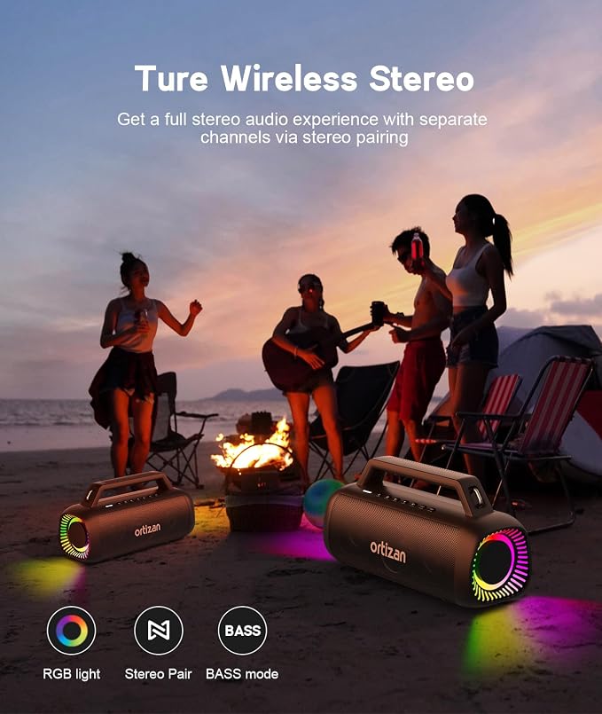 Ortizan Portable Bluetooth Speaker Loud, 80W Peak, Bass Up, 20H Playtime