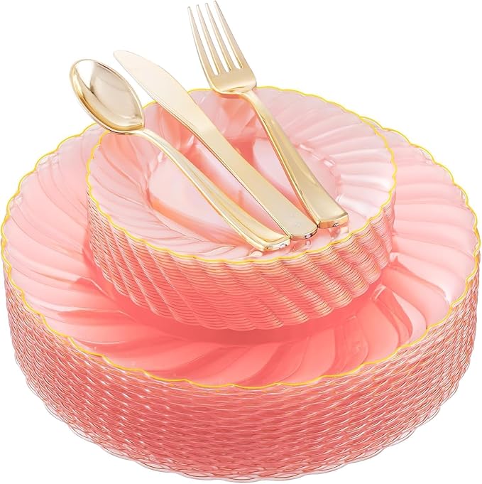 YOUBET 125Pieces Clear Pink Plastic Plates