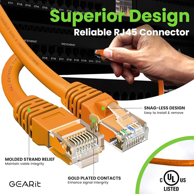 GearIT Cat 6 Ethernet Cable Cat6 Network Patch, Snagless Cord, Internet