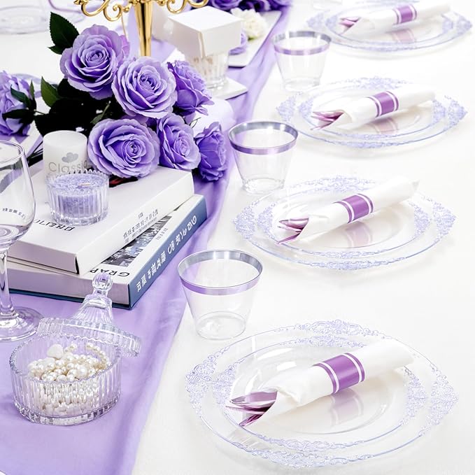 175 Pcs Clear Purple Plates for Party | Party Plates Set for 25 Guests