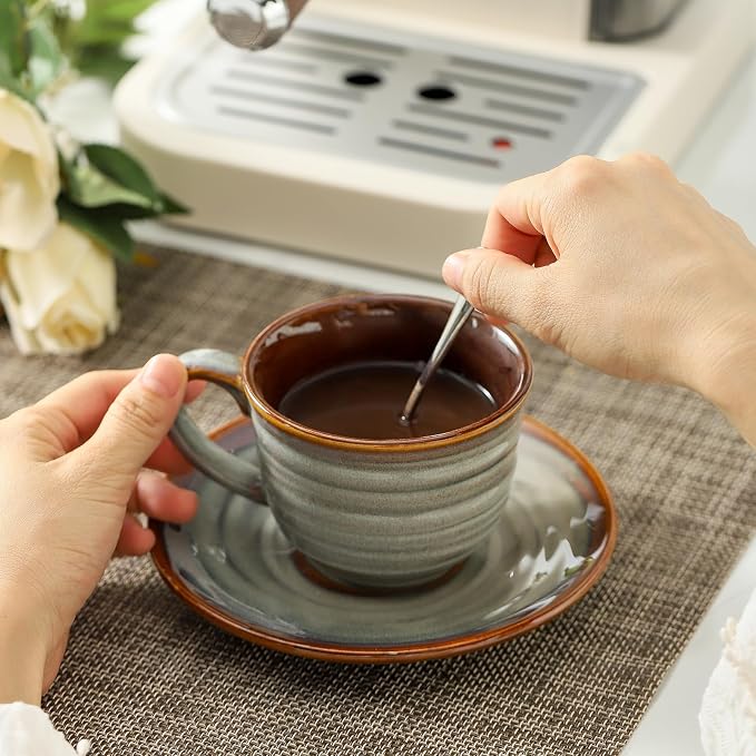 HASENSE Ceramic Tea Cups and Saucers, 8oz Cappuccino Cups Set of 4, Espresso