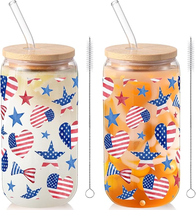Sliner 2 Pcs Patriotic Glass Cups 4th of July Gifts Tumbler