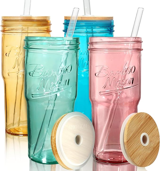 ANOTION Colored Glass Cups - 24oz Travel Coffee Mug Wide Mouth Mason Jar Iced