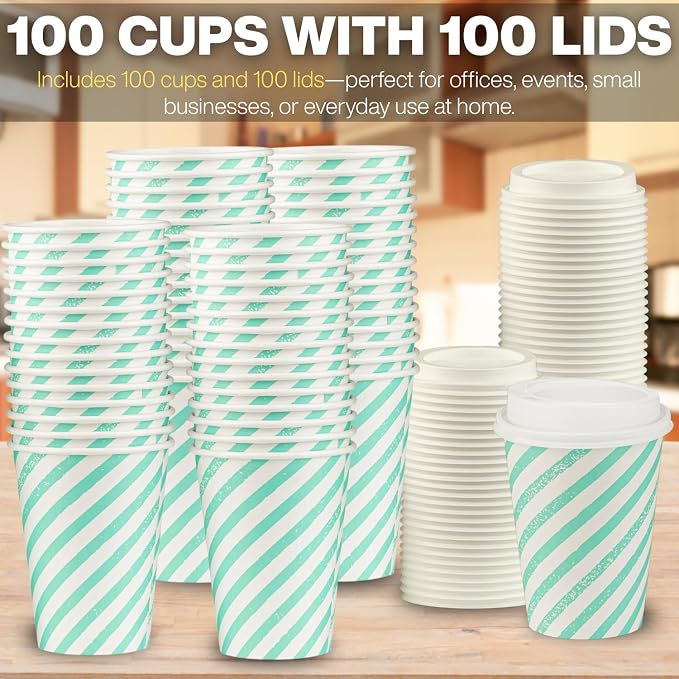 Disposable Coffee Cups with Lids, To Go Paper Hot Cups, Water Blue
