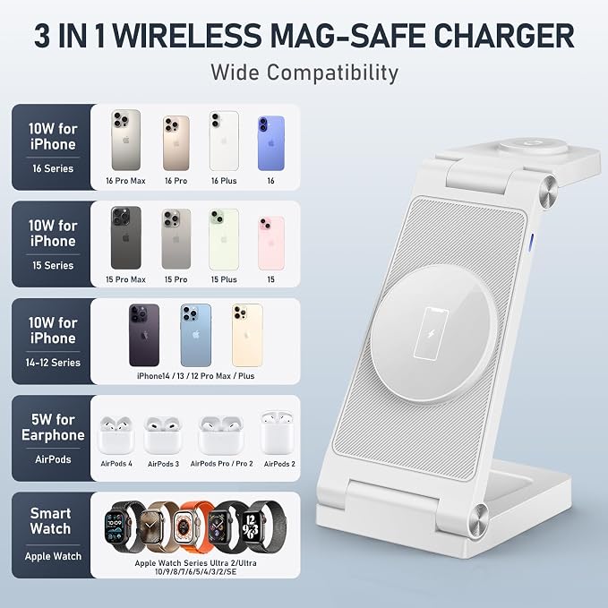 Magnetic Wireless Charger Stand, 3 in 1 Foldable Wireless Charging Station