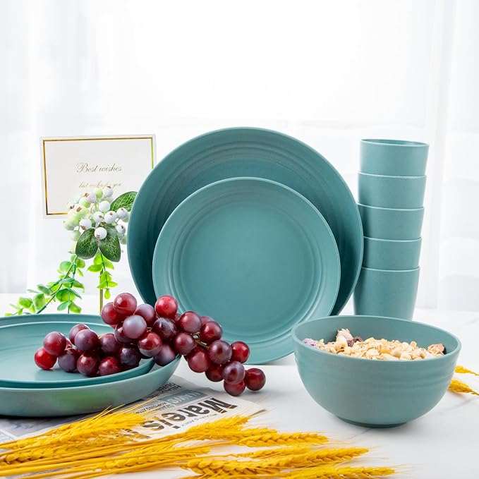 32 Pcs Teal Wheat Straw Dinnerware Set