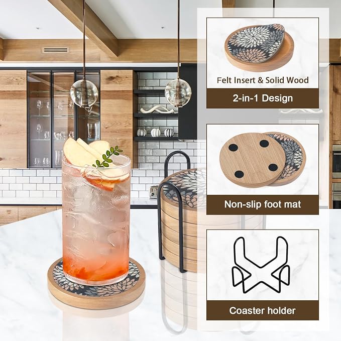 Wood Coasters Set of 6 with Holder, Cewiru Cup Mat