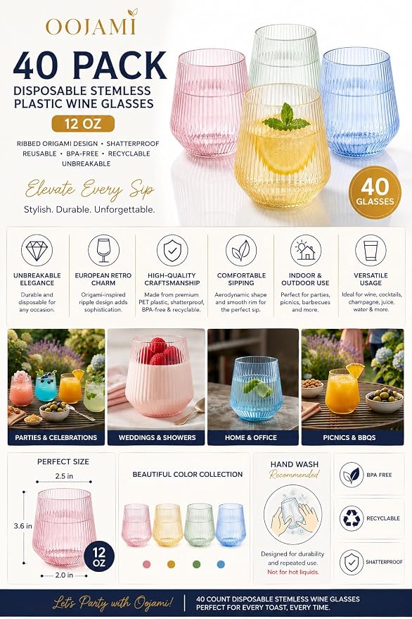 40 Pack Disposable Stemless Plastic Wine Glasses 12 oz