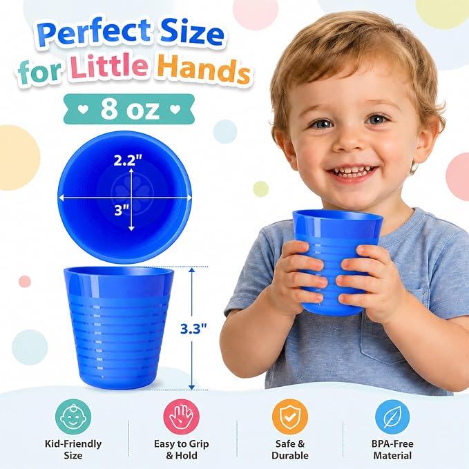 Set of 12 Kids Cups, 8 oz Unbreakable Toddler Cups, Mixes Colors | BPA free