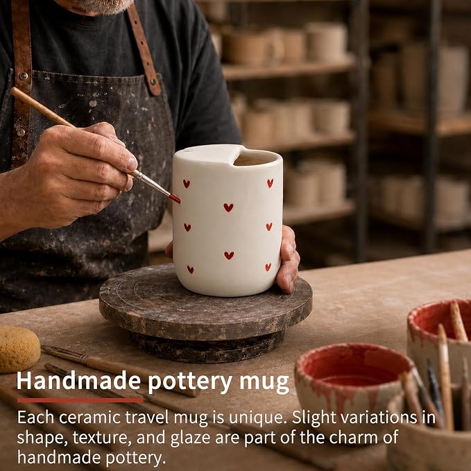 To Go Ceramic Coffee Cups with Lids, Romantic Red Hearts Ceramic Traval Mug