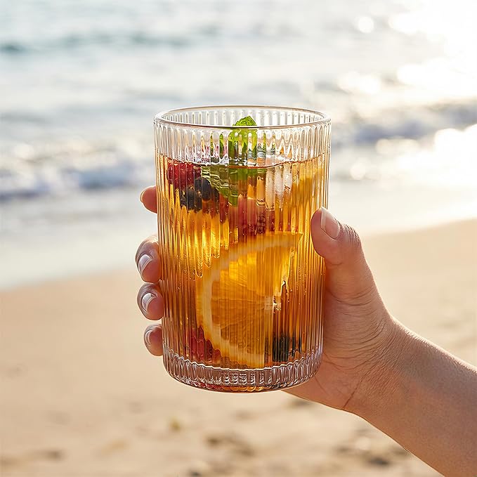 Set of 6 Large capacity Ribbed Glassware, 17oz Vintage Clear Glass Tumbler