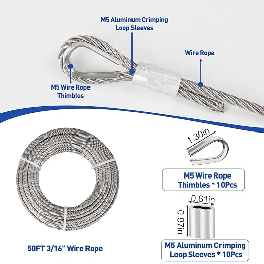 TooTaci 3/16" Stainless Steel Cable, 50ft Wire Rope