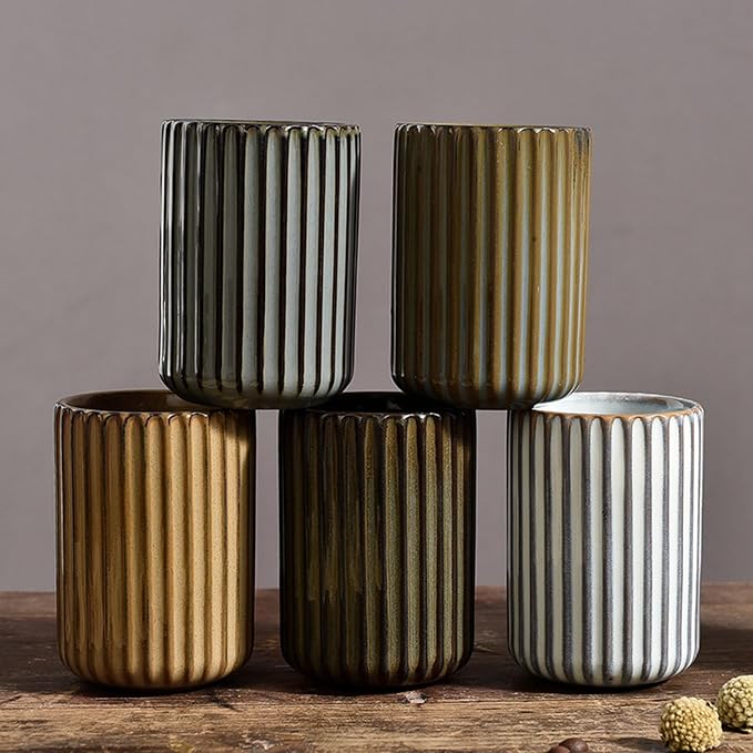 Vinitage Ceramic Mug, Japanese Tea Cup 10oz Striped Cup No Handle Drinking Cup