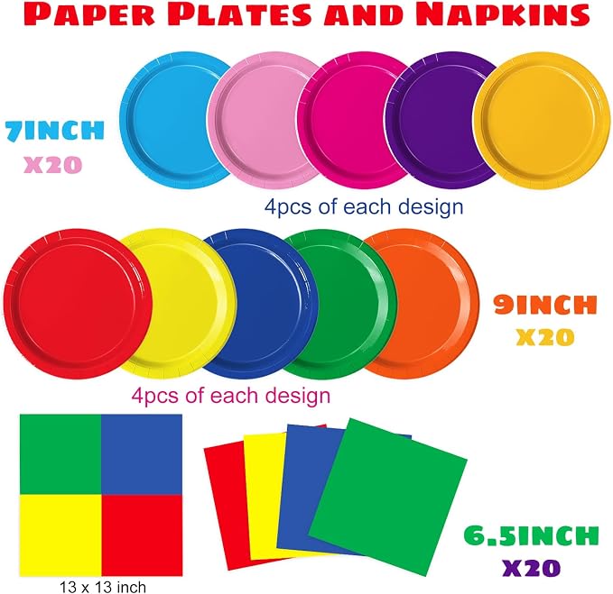Oigco 60 PCS Colorful Paper Plates, Pastel Plates and Napkins, Rainbow