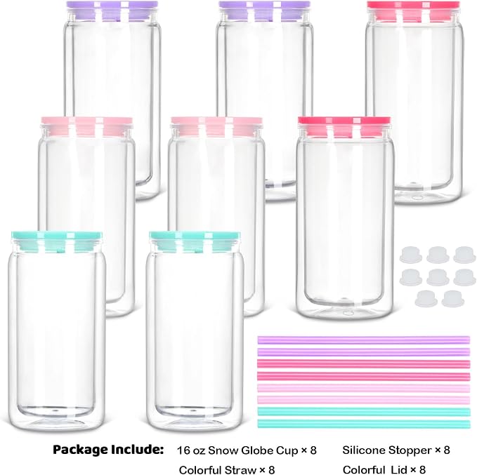8 Pack Plastic Snow Globe Tumbler, 16 Oz Double Wall Plastic Can