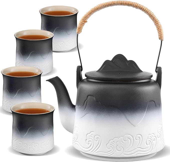 ZENS Japanese Tea Set with 4 Cups, 33.8oz Ceramic Infuser Pot