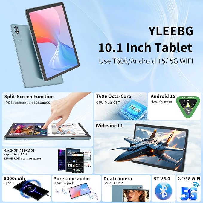 Android Tablet with Keyboard, 10 inch Android 15 tablet, 24GB RAM 128GB ROM