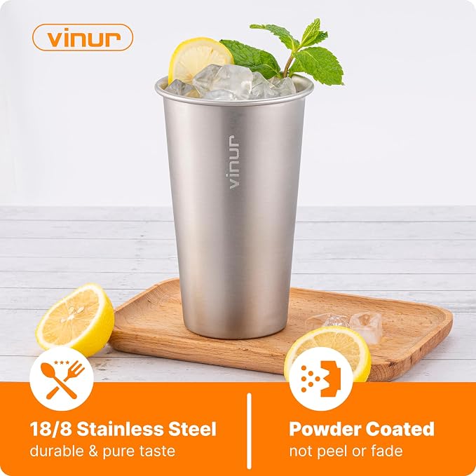 VINUR Stainless Steel Cups-20 oz Stackable Metal Drinking Glasses 8 Pcs | 20 oz