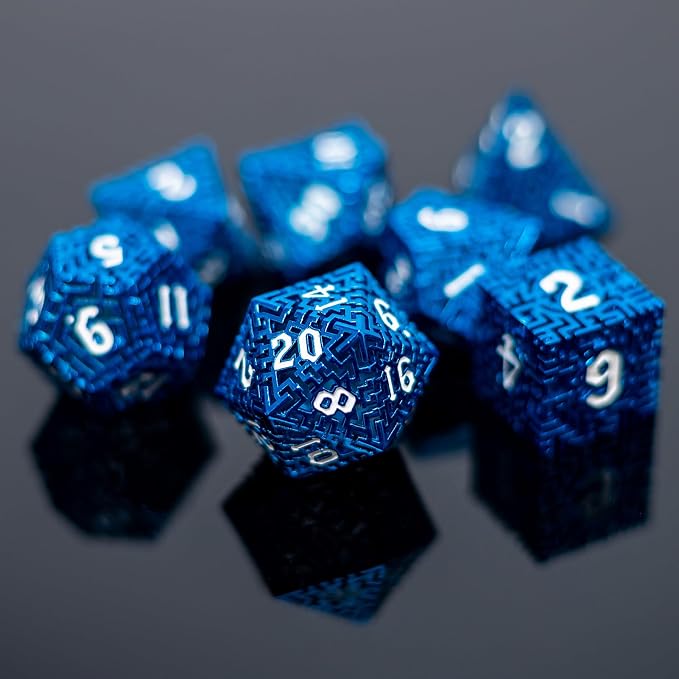 Blue Metal Hollow DND Dice Set Metallic Luster Maze Design
