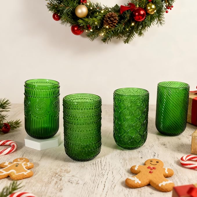 CHLJAR Christmas Green Vintage Wine Drinking Glasses Set of 6, 14 oz hobnail