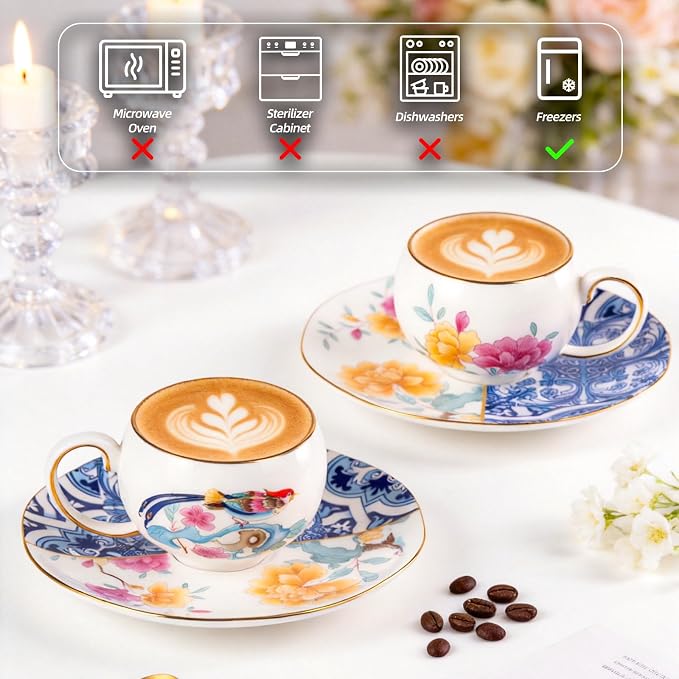 KAMMAK Tea Cups and Saucers Set of 2, Fine Bone China Coffee Cups, GH015 |