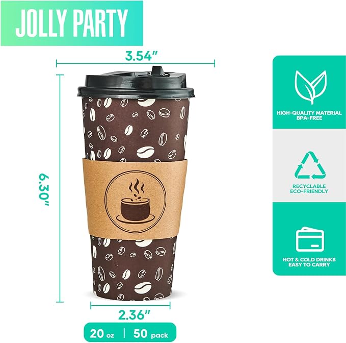 JOLLY PARTY Disposable Coffee Cups - 20oz Paper Cups with Lids
