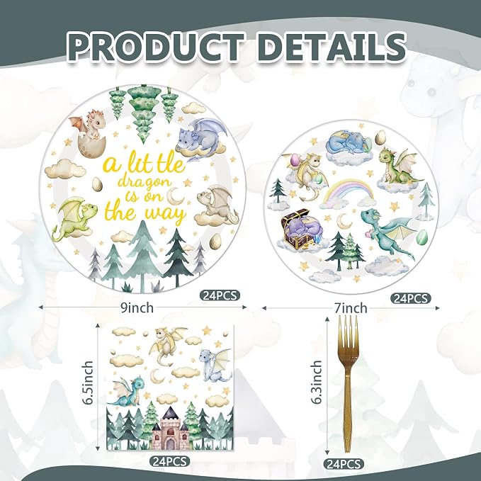 EUOYUFO 96Pcs A Little Dragon is On The Way Baby Shower Paper Plates Napkins