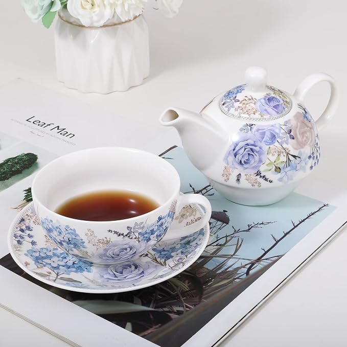 fanquare Blue and Purple Roses and Hydrangeas Porcelain Tea