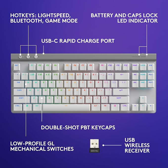 Logitech G515 Wireless Gaming Keyboard TKL, LIGHTSYNC RGB, Thin Tenkeyless