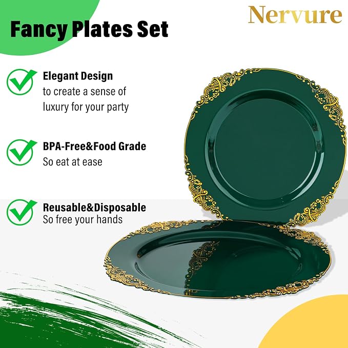 Nervure 350Pcs Green Plastic Plates, Plastic Dinnerware Set