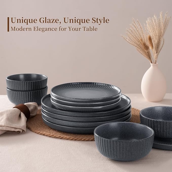 Famiware Ceramic Plates and Bowls Sets, Reactive Glaze Ribbed Dishes