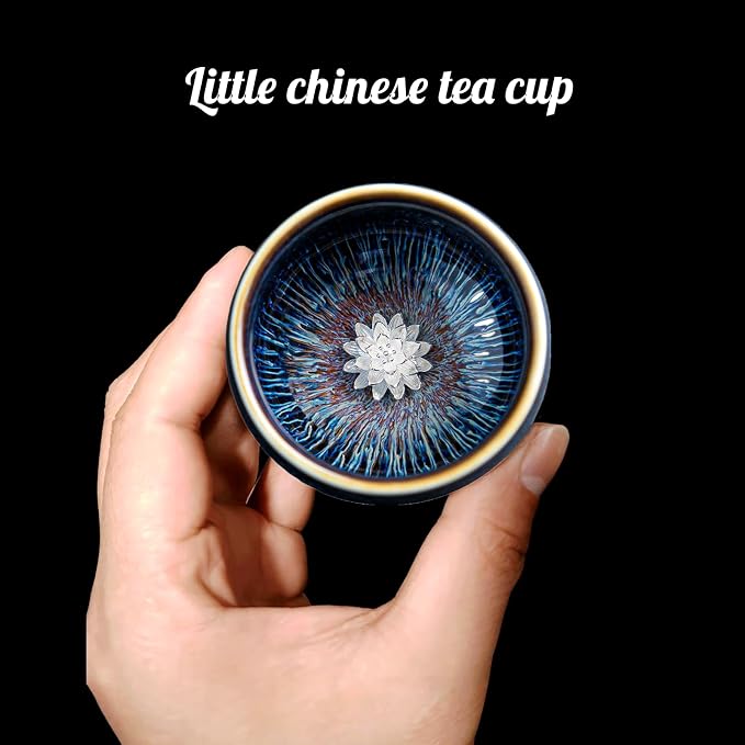 Tenmoku Ceramic Tea Cup with Lotus, 3 oz Chinese Small Teacup | Handmade