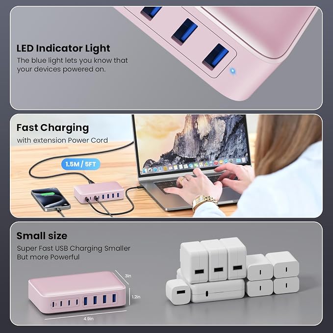 USB C Charger 200W USB C Charger Block, Upgraded GaN III 8-Port Fast Charging