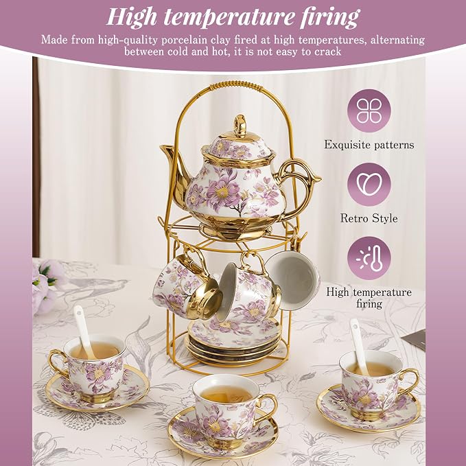 20 Pcs Porcelain Tea Set With Metal Holder,