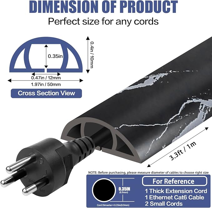 Floor Cord Cover Self Adhesive Cord Hider, 3.3FT Cable Management, Extension