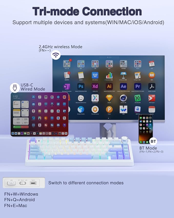 AULA F75 75% Wireless Mechanical Keyboard, Hot Swappable Creamy Keyboard