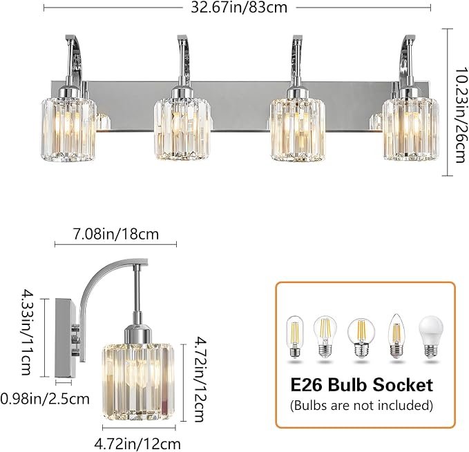 4-Light Crystal Vanity Light, Modern Chrome Bathroom Wall Sconce