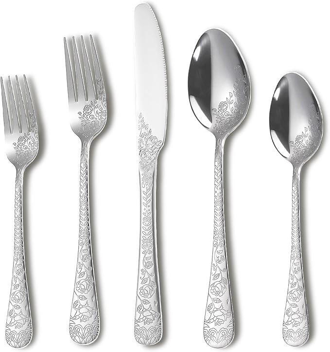 Runfly Modern Carved Floral Silver Stainless Steel 20-Piece Flatware Set |