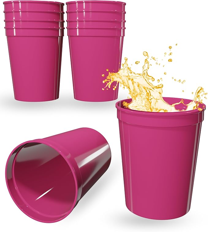 PartyPrints 10 Pack 16 oz Neon Pink Reusable Blank Plastic Cups, Stadium Cups