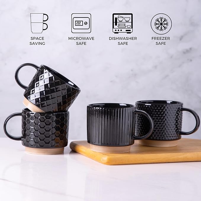 GBhome 12 OZ Stackable Coffee Mugs Set of 4, Ceramic Black Coffee Cups Set | 4