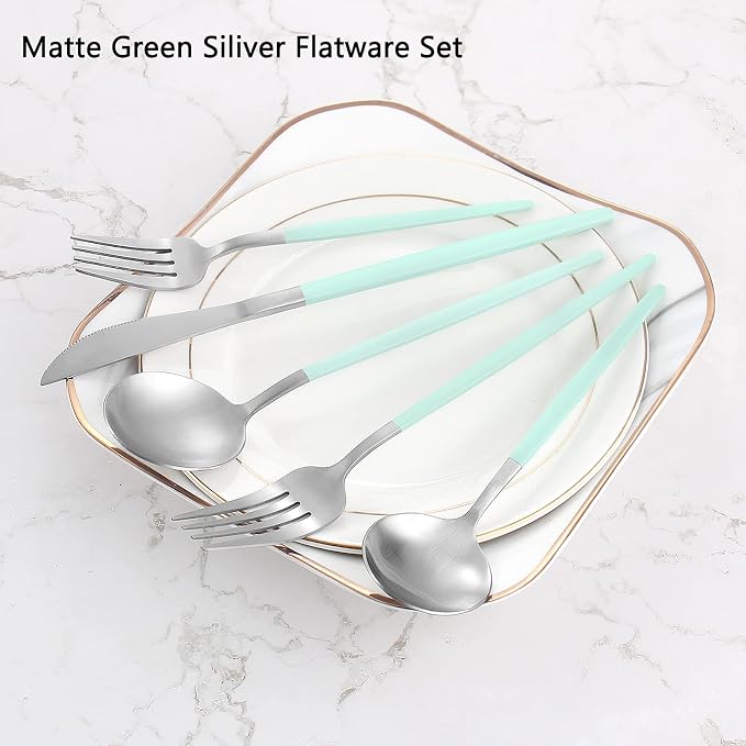 VANVRO Matte Green Silver Silverware Set, 20-Piece Stainless Steel Flatware Set